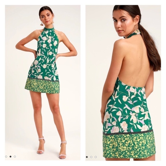 LULU'S Green Tropical Print Halter Open Back Lightweight Mini Dress Large - Picture 1 of 7
